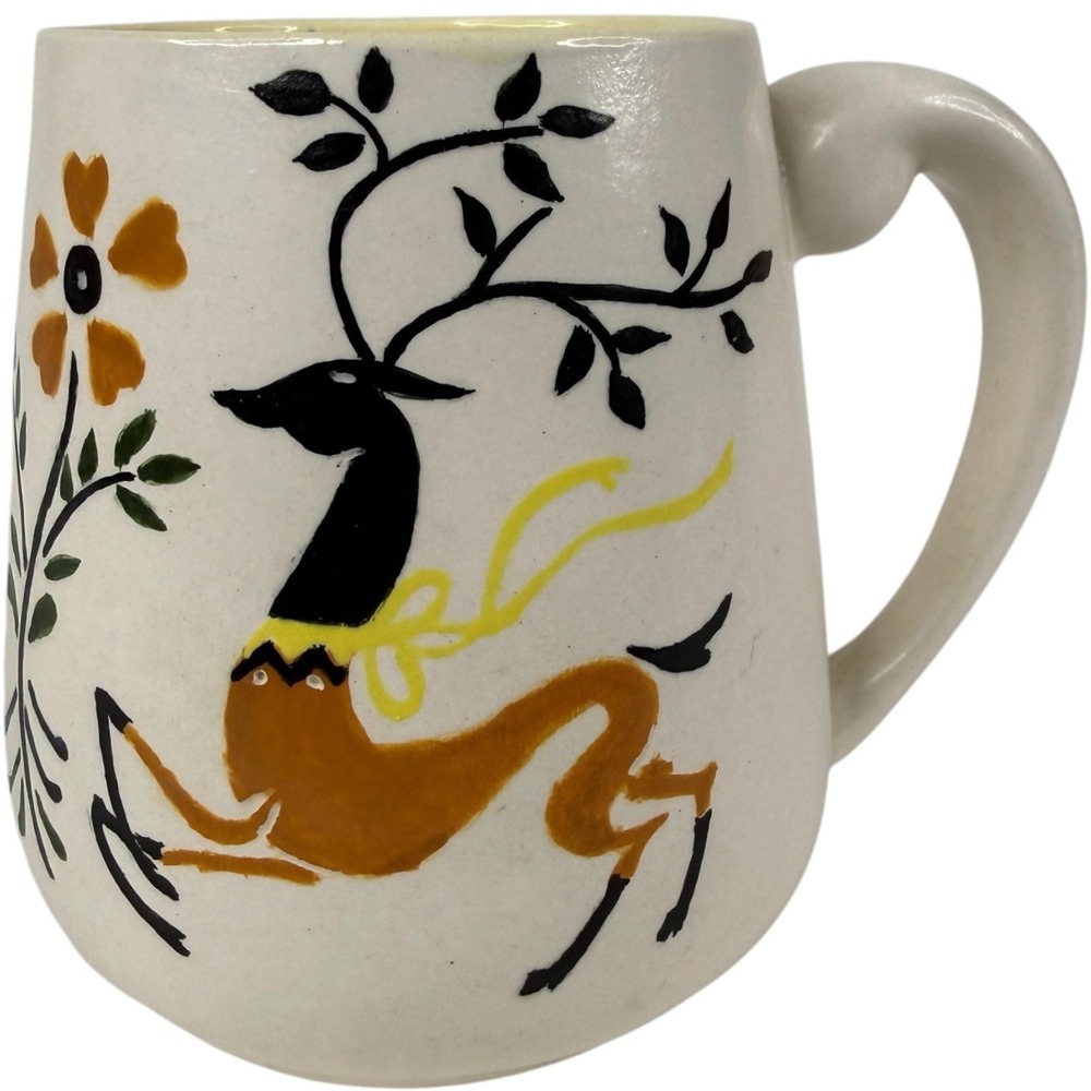 Handmade Folk Art Deer Coffee Mug Ceramic Cream Yellow Flower Hand Painted VTG